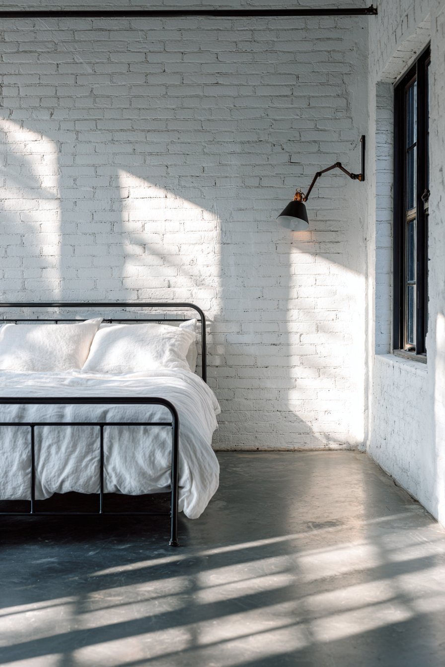 Matte black metal bed with white linen sheets, wall-mounted reading lamp and polished concrete floor beside white brick