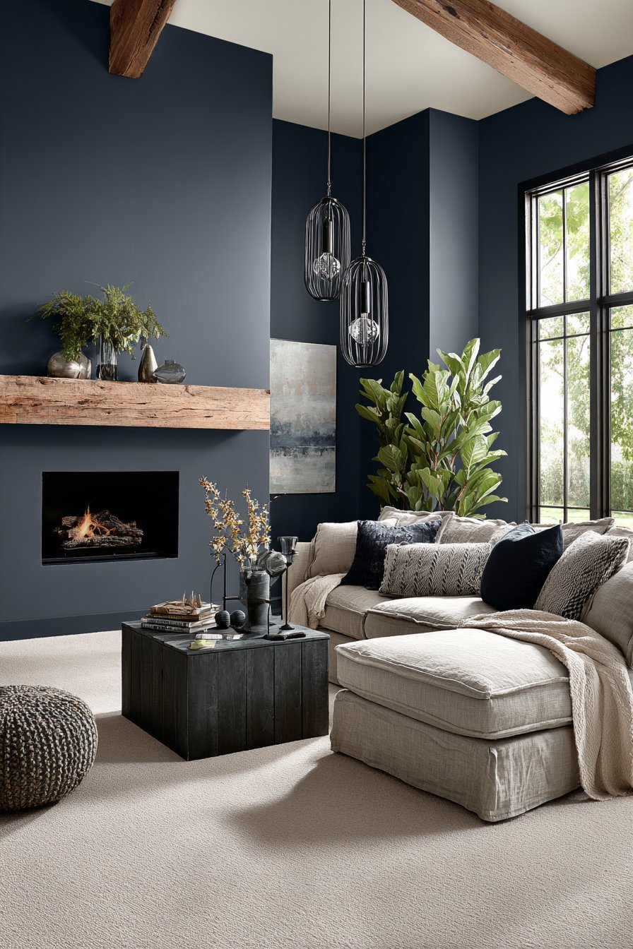 Slate blue walls with grey sectional, reclaimed beam mantel, black steel fireplace and clustered pendants
