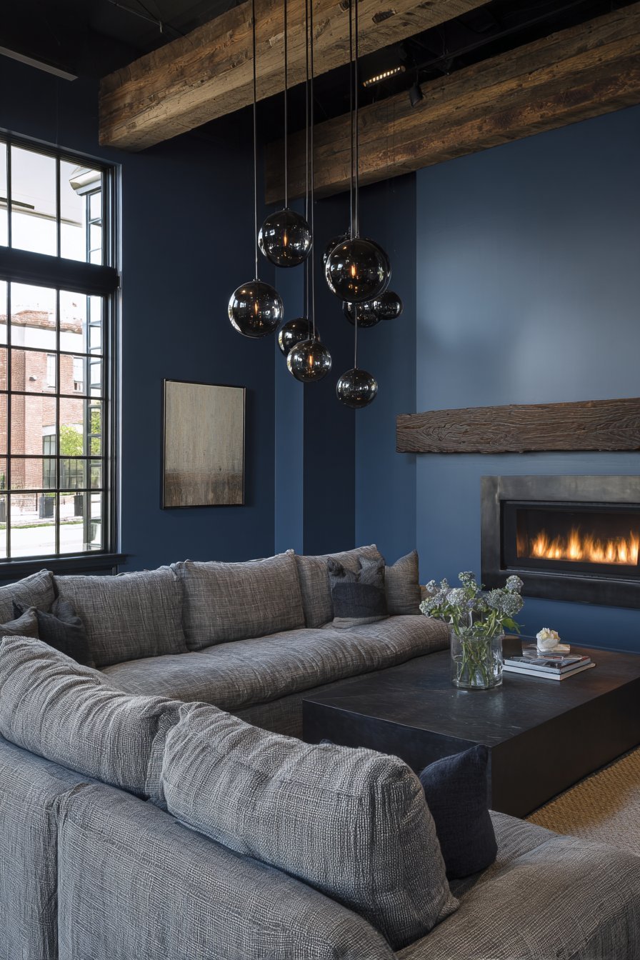 Slate blue walls with grey sectional, reclaimed beam mantel, black steel fireplace and clustered pendants