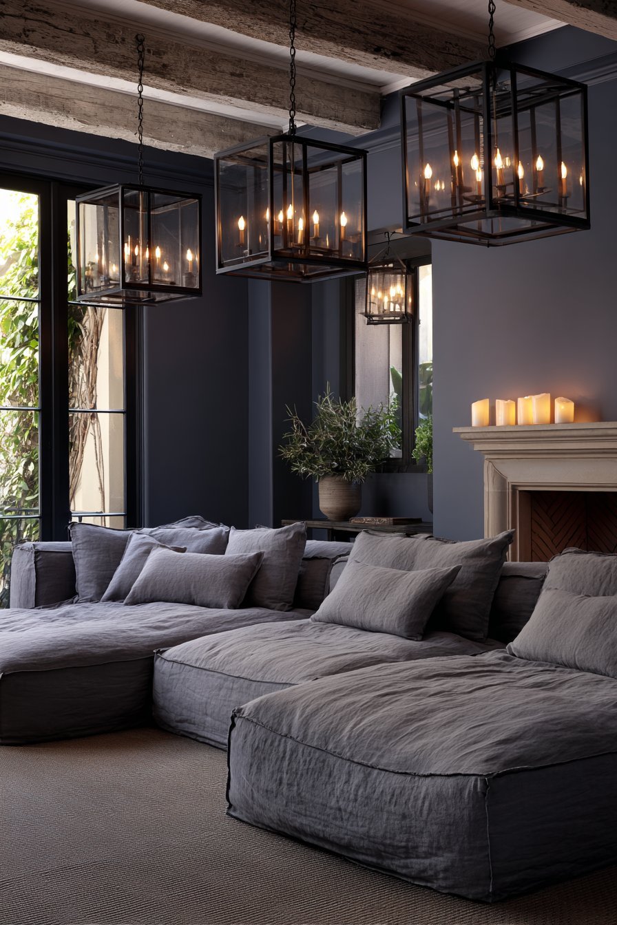 Slate blue walls with grey sectional, reclaimed beam mantel, black steel fireplace and clustered pendants