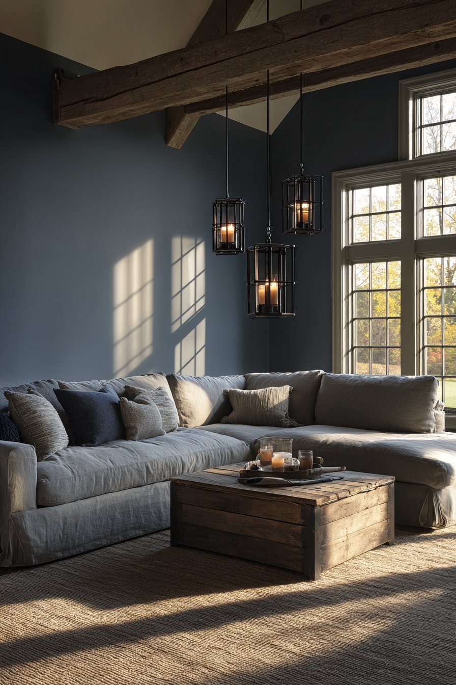 Slate blue walls with grey sectional, reclaimed beam mantel, black steel fireplace and clustered pendants