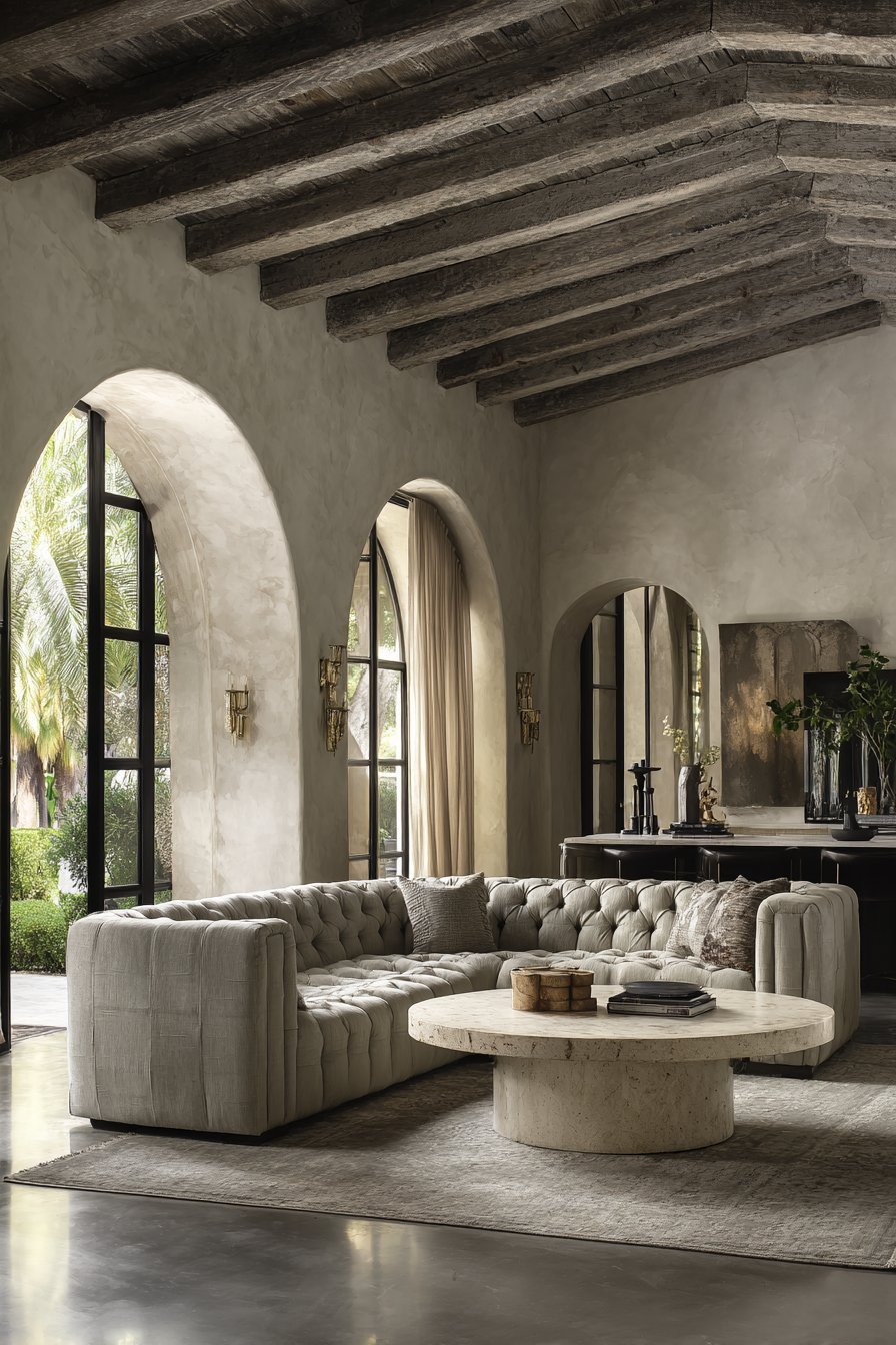 Transitional living room with greige tufted sectional, travertine coffee table and lime-washed plaster walls