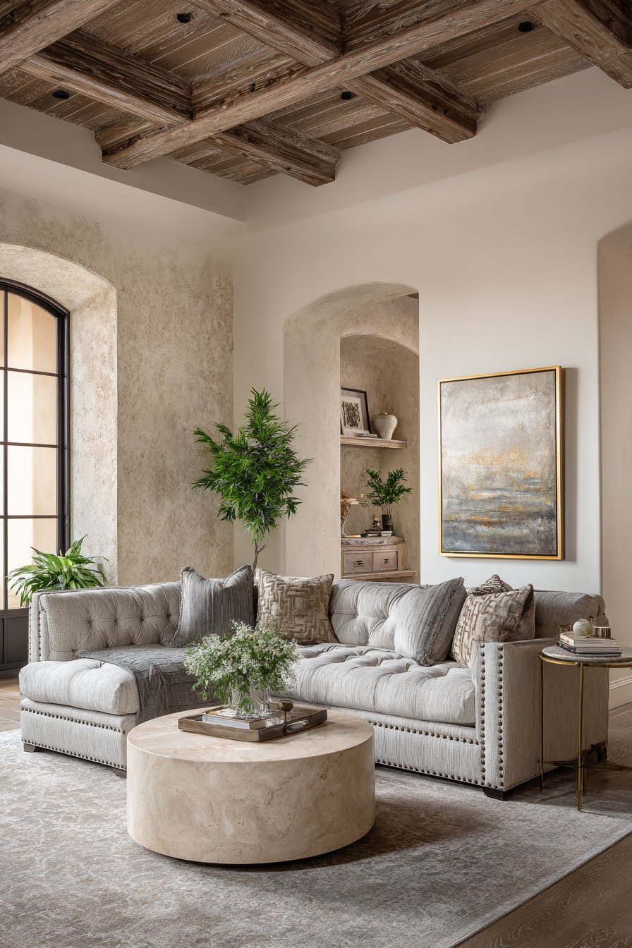 Transitional living room with greige tufted sectional, travertine coffee table and lime-washed plaster walls
