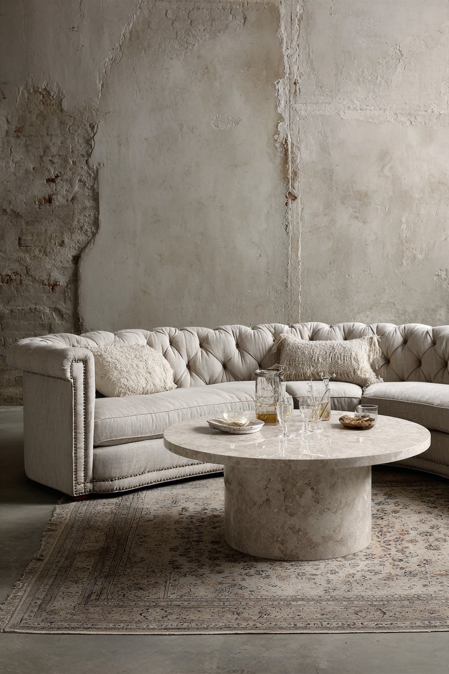 Transitional living room with greige tufted sectional, travertine coffee table and lime-washed plaster walls