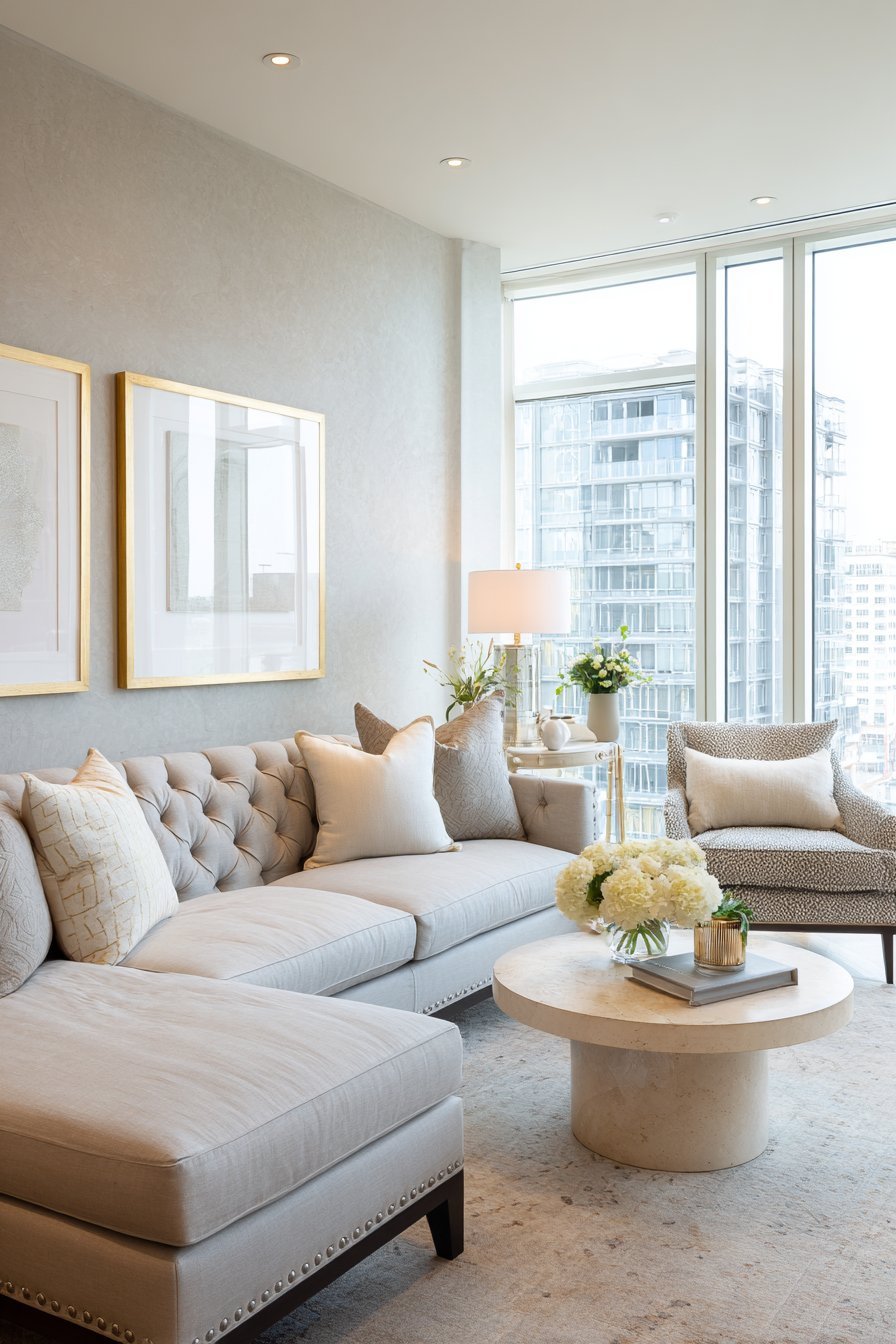 Transitional living room with greige tufted sectional, travertine coffee table and lime-washed plaster walls