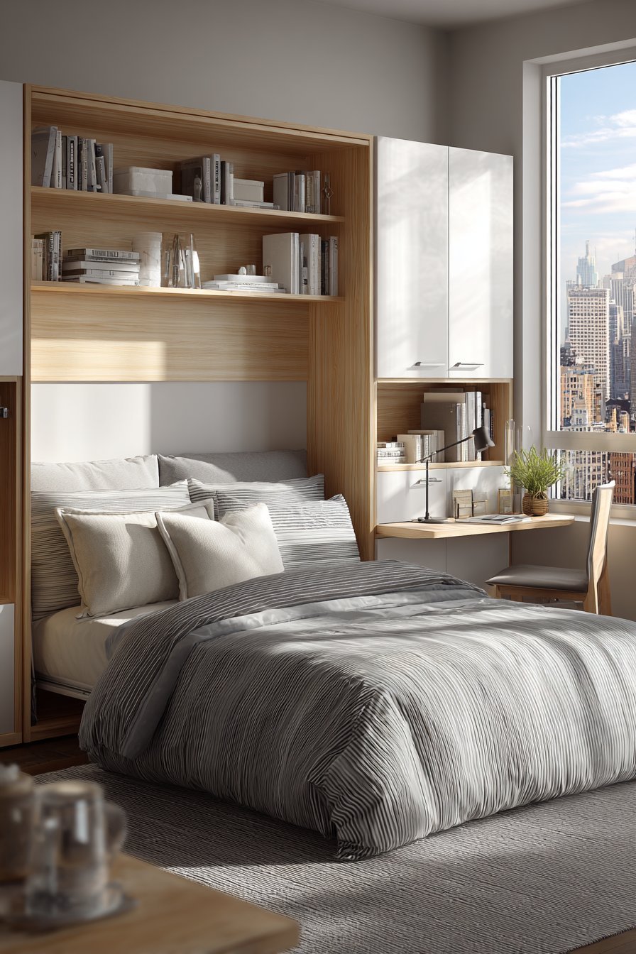 Murphy bed with integrated maple desk folding into white cabinetry in a small bedroom