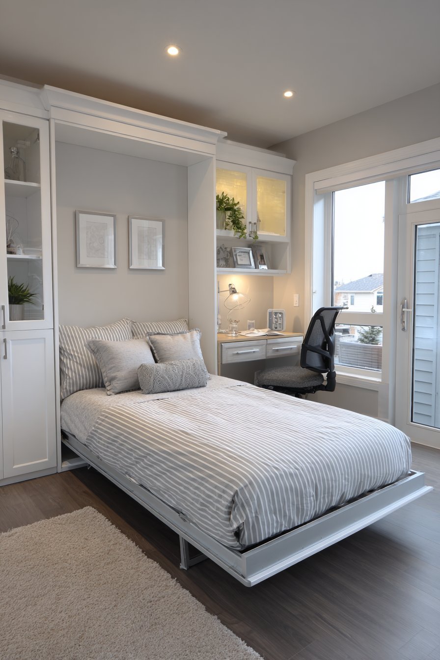 Murphy bed with integrated maple desk folding into white cabinetry in a small bedroom