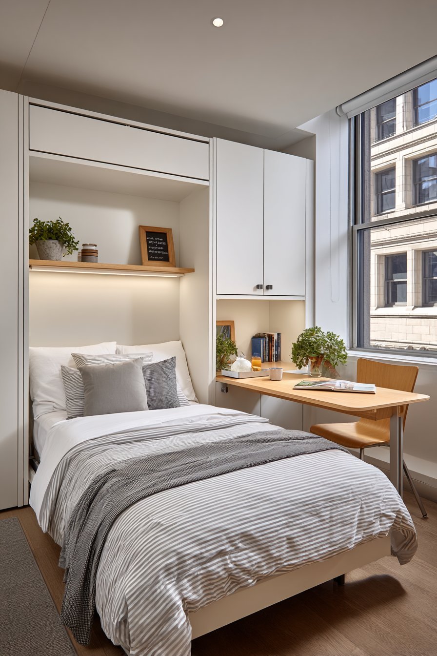 Murphy bed with integrated maple desk folding into white cabinetry in a small bedroom