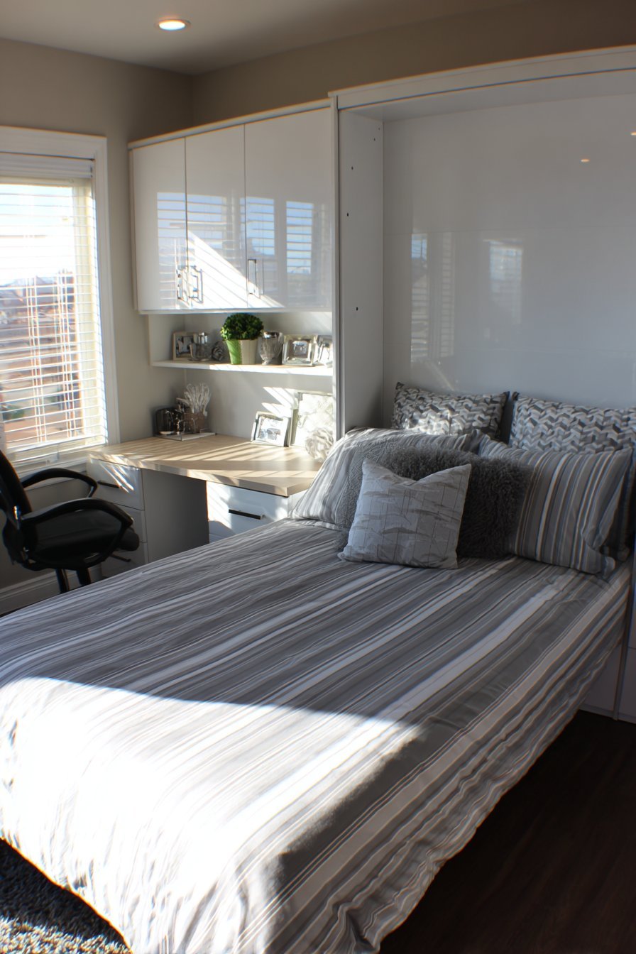 Murphy bed with integrated maple desk folding into white cabinetry in a small bedroom