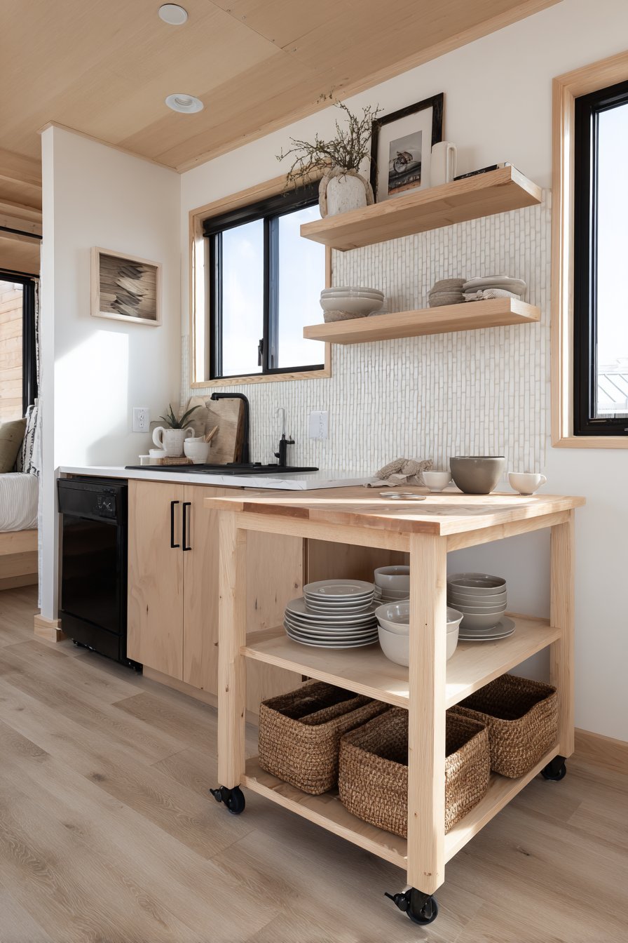 Rolling butcher block island with basket shelves in a small kitchen with dark-grouted subway tile