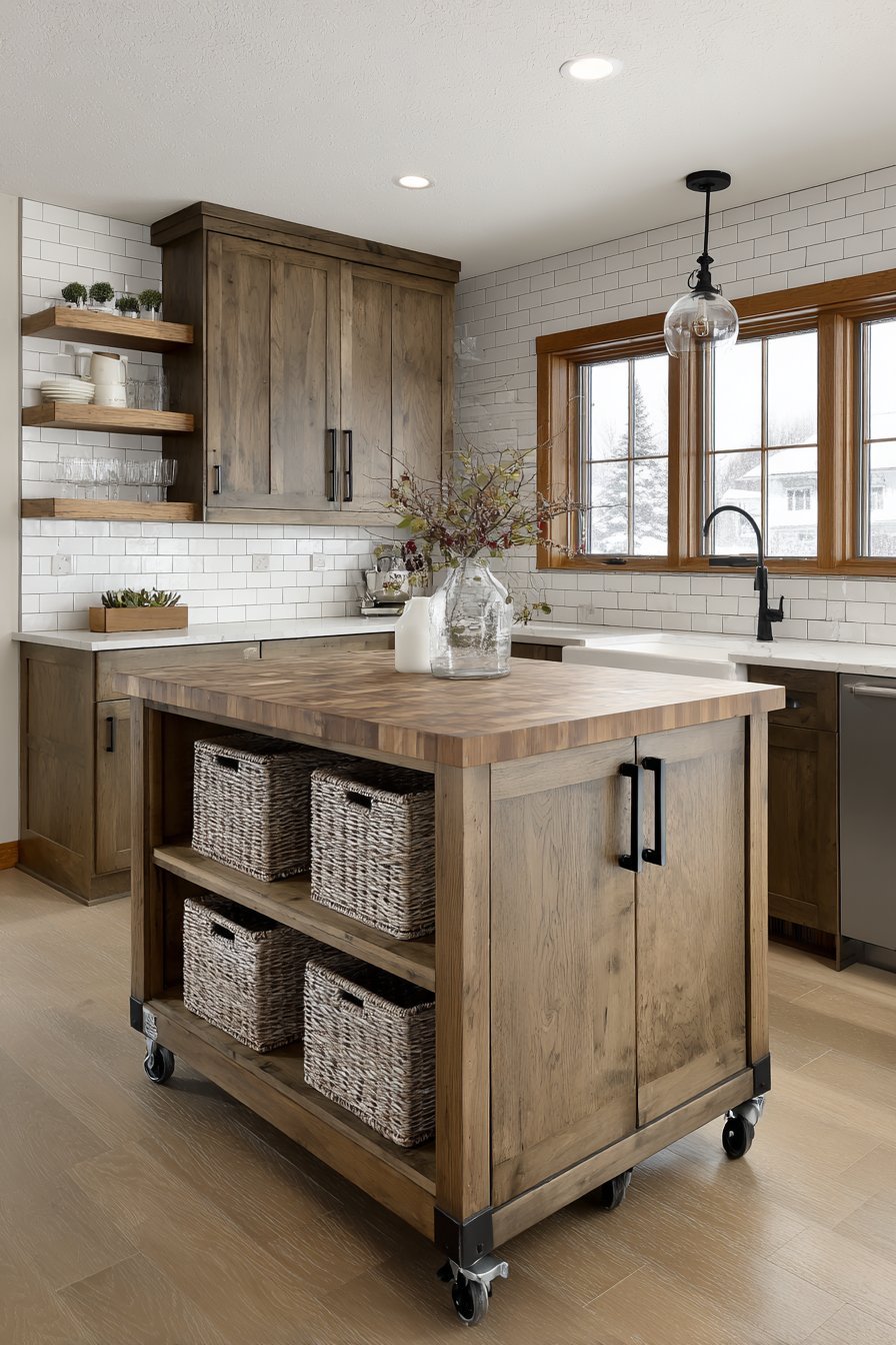 Rolling butcher block island with basket shelves in a small kitchen with dark-grouted subway tile