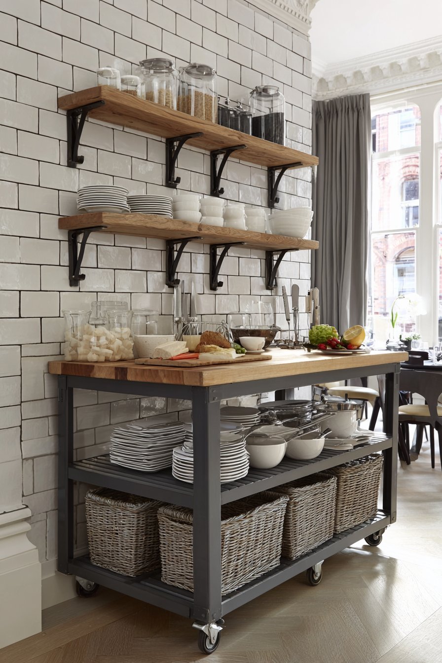 Rolling butcher block island with basket shelves in a small kitchen with dark-grouted subway tile