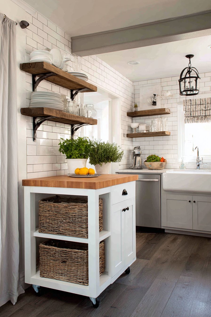 Rolling butcher block island with basket shelves in a small kitchen with dark-grouted subway tile