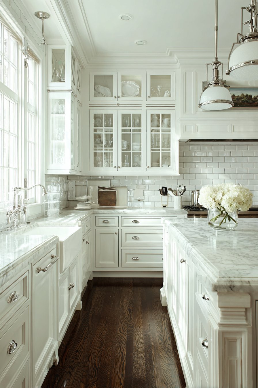 White kitchen with glass-front uppers, soapstone counters, apron sink, schoolhouse pendants and dark hardwood floor