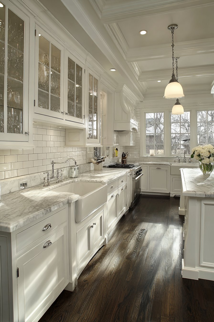 White kitchen with glass-front uppers, soapstone counters, apron sink, schoolhouse pendants and dark hardwood floor