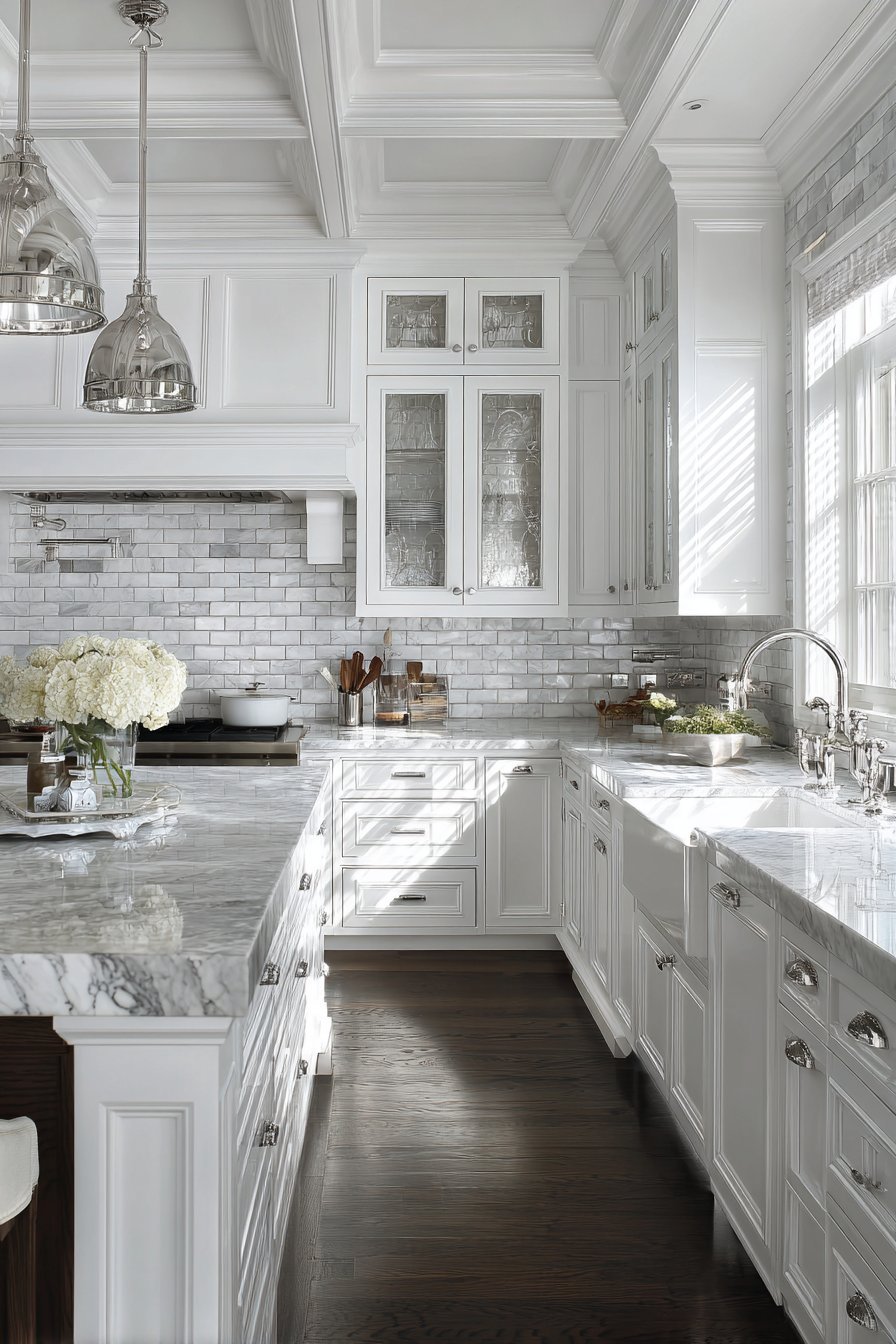 White kitchen with glass-front uppers, soapstone counters, apron sink, schoolhouse pendants and dark hardwood floor