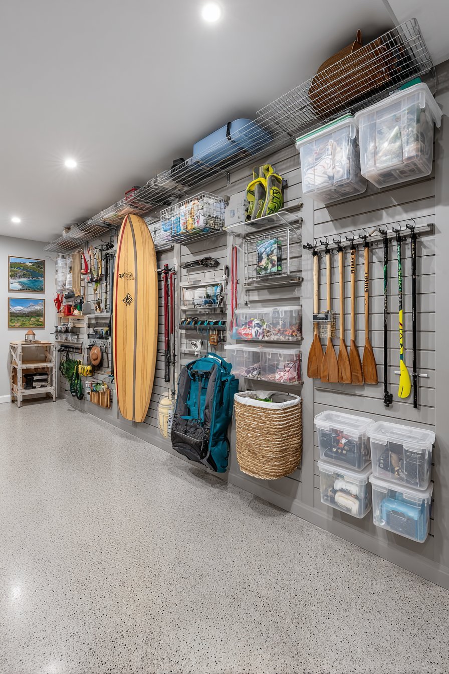 Light grey slatwall in a basement holding wire baskets, hooks, brackets and clear acrylic bins