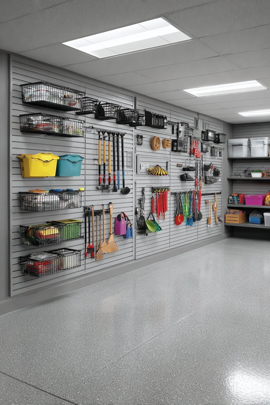 Light grey slatwall in a basement holding wire baskets, hooks, brackets and clear acrylic bins