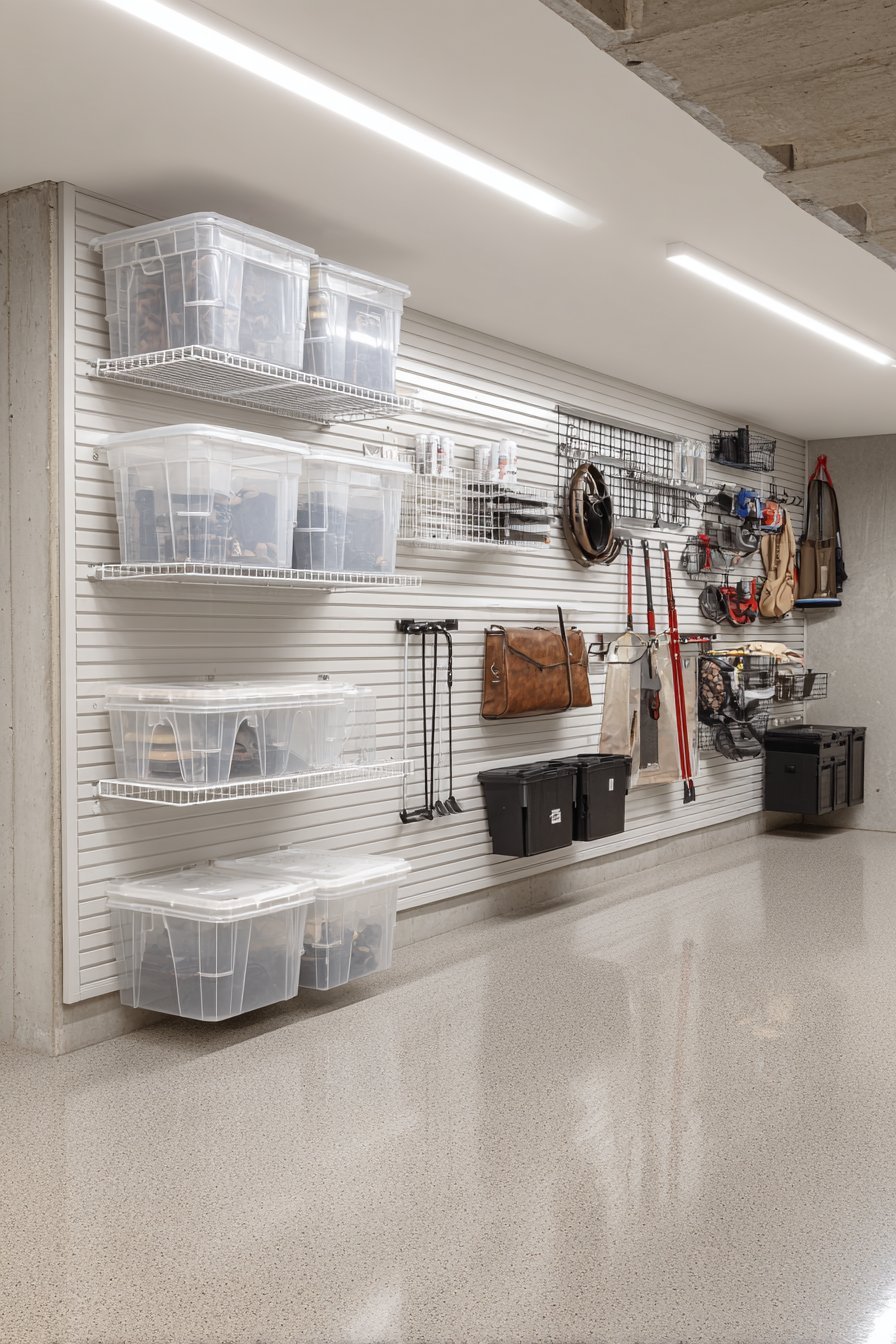 Light grey slatwall in a basement holding wire baskets, hooks, brackets and clear acrylic bins