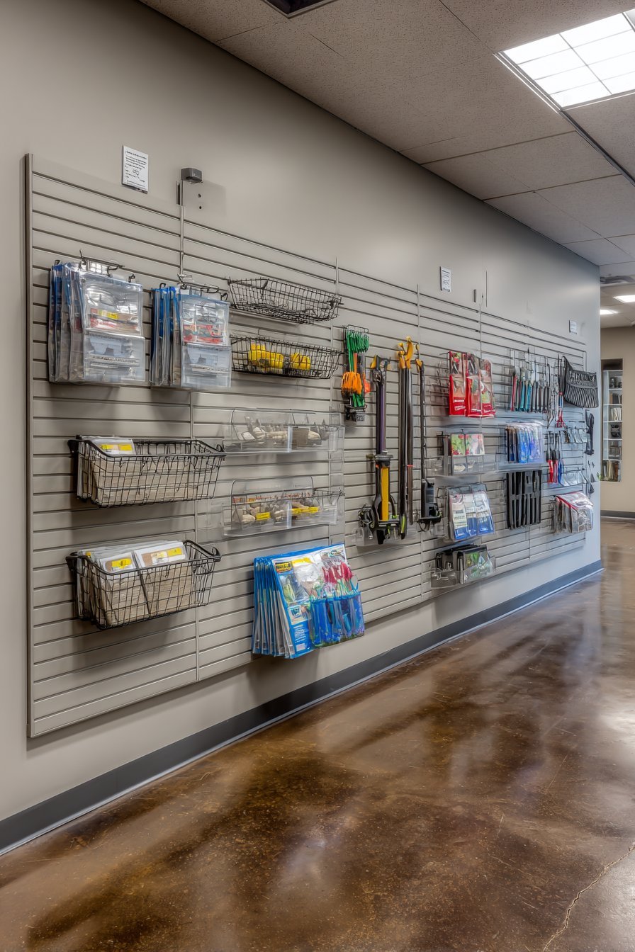 Light grey slatwall in a basement holding wire baskets, hooks, brackets and clear acrylic bins