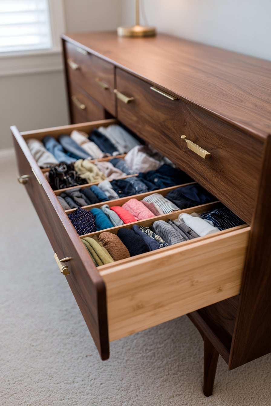 Open walnut mid-century dresser drawer with bamboo dividers organizing folded clothing and accessories