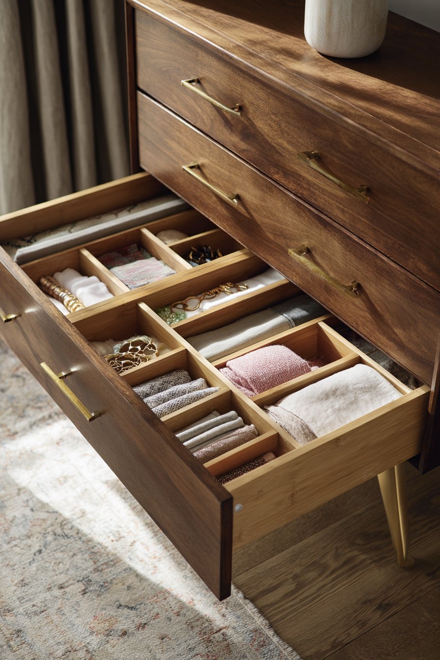 Open walnut mid-century dresser drawer with bamboo dividers organizing folded clothing and accessories