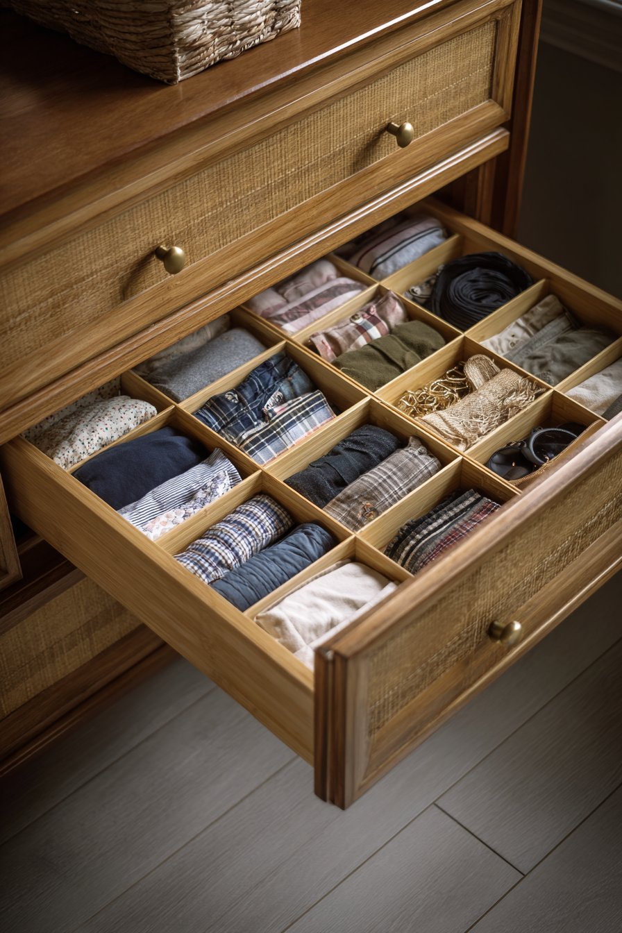 Open walnut mid-century dresser drawer with bamboo dividers organizing folded clothing and accessories