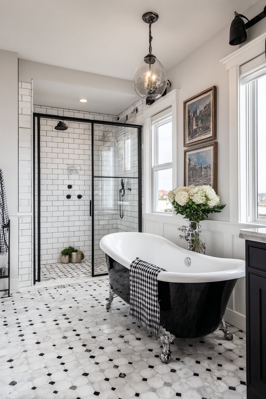 Black and white master bathroom with hexagonal marble floor, black clawfoot tub and black-framed shower