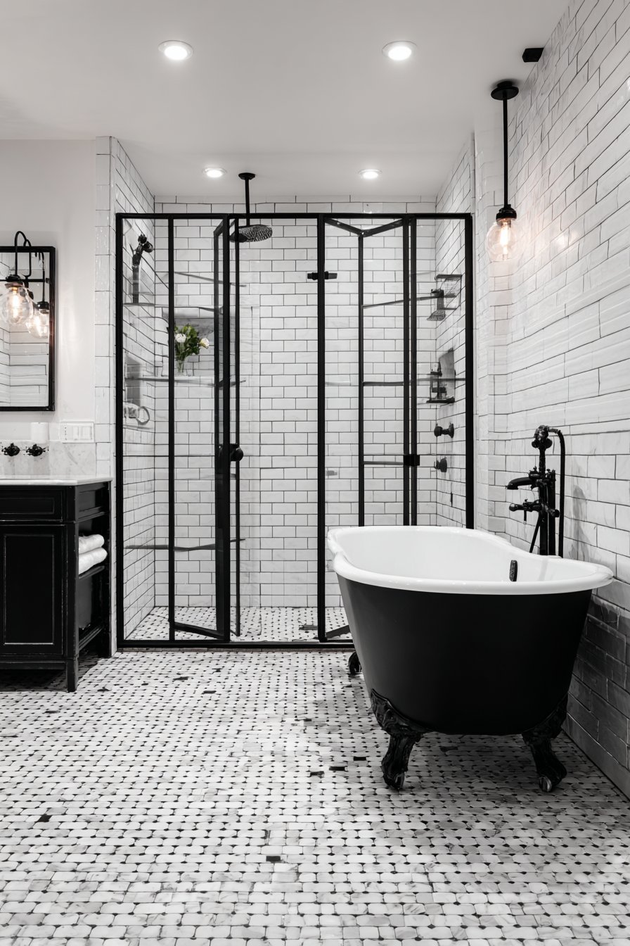 Black and white master bathroom with hexagonal marble floor, black clawfoot tub and black-framed shower