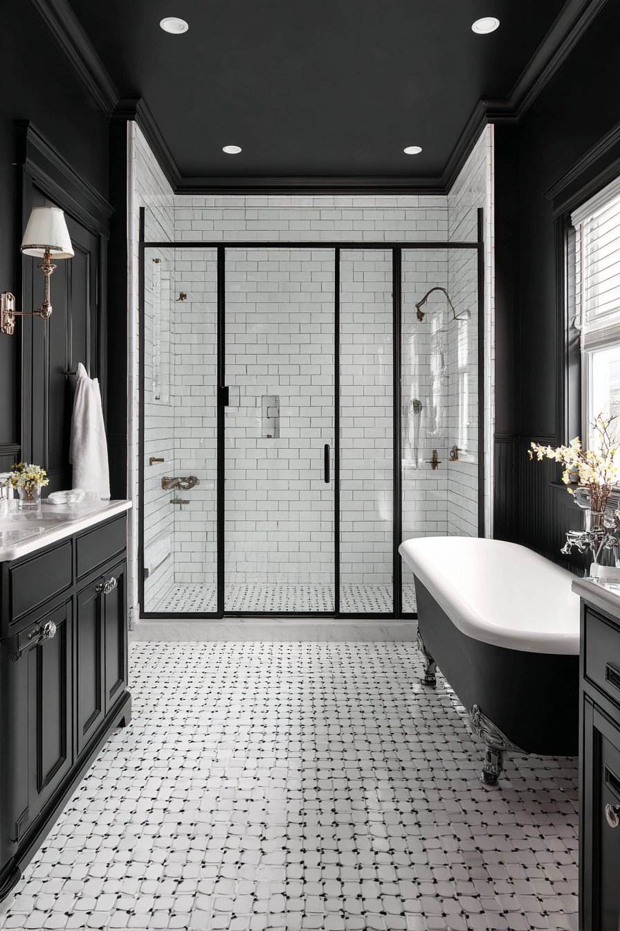 Black and white master bathroom with hexagonal marble floor, black clawfoot tub and black-framed shower