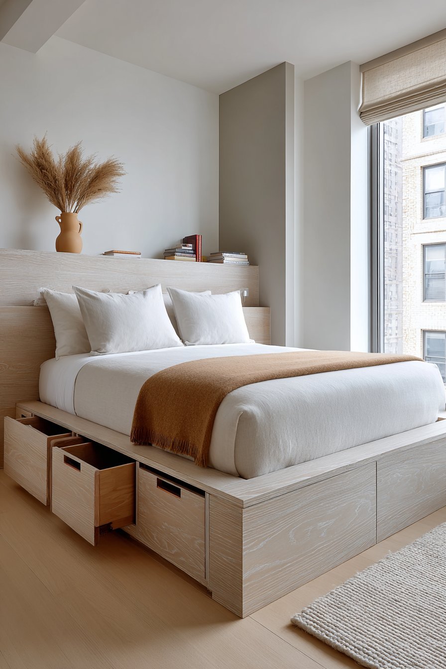 Light grey oak platform bed with storage drawers, camel wool blanket, putty grey accent wall and jute shades