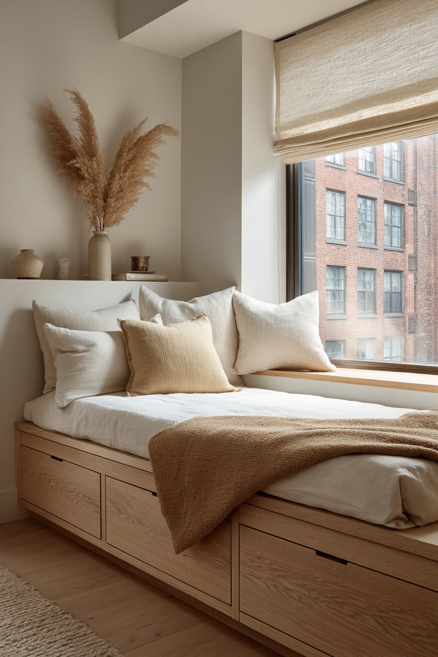 Light grey oak platform bed with storage drawers, camel wool blanket, putty grey accent wall and jute shades