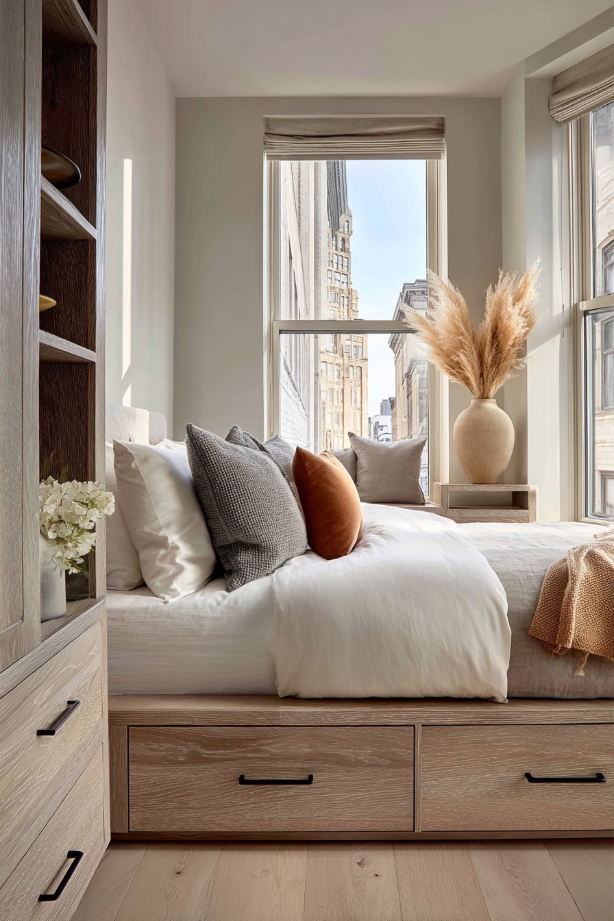 Light grey oak platform bed with storage drawers, camel wool blanket, putty grey accent wall and jute shades