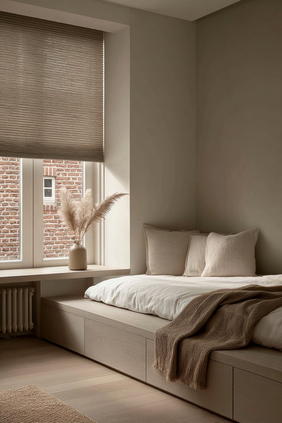 Light grey oak platform bed with storage drawers, camel wool blanket, putty grey accent wall and jute shades