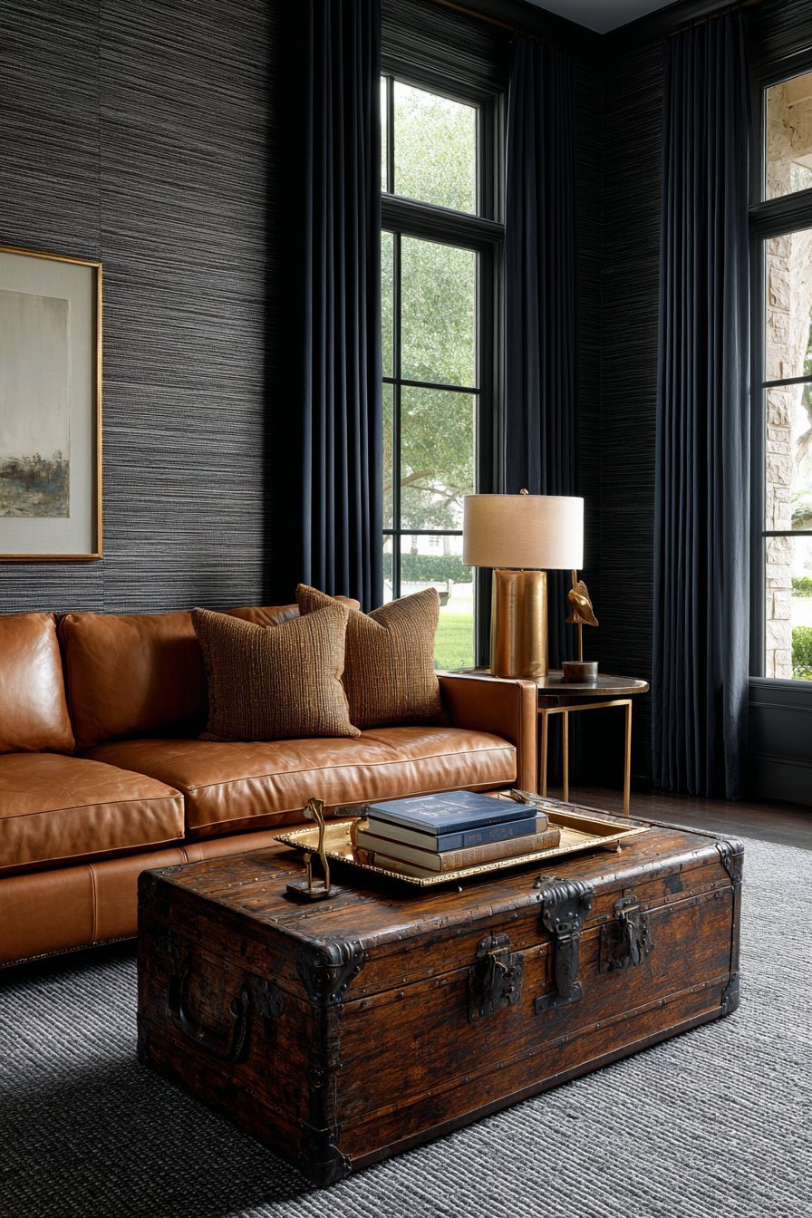 Charcoal grasscloth walls, caramel leather sofa, antique trunk coffee table and midnight blue velvet curtains