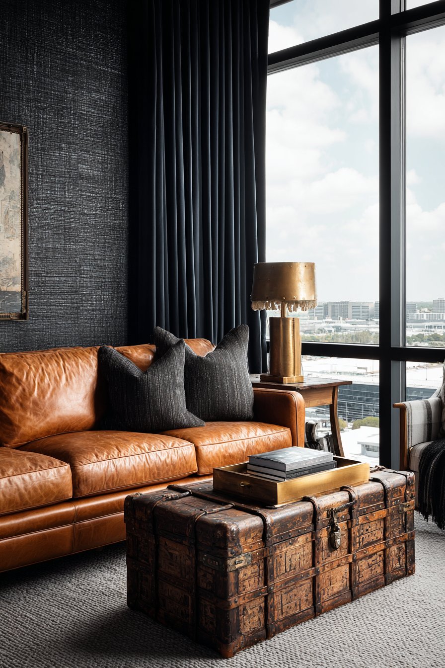 Charcoal grasscloth walls, caramel leather sofa, antique trunk coffee table and midnight blue velvet curtains