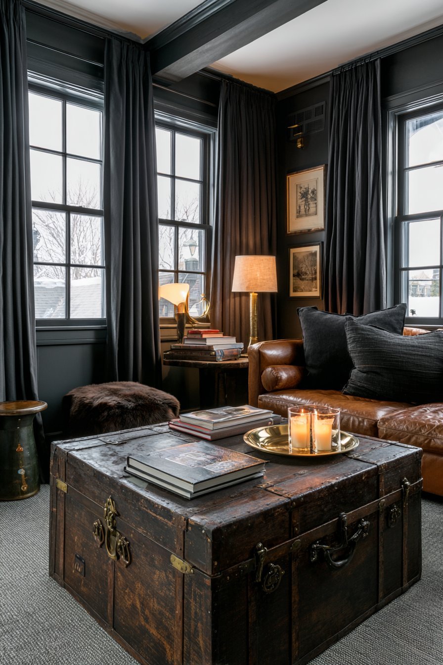 Charcoal grasscloth walls, caramel leather sofa, antique trunk coffee table and midnight blue velvet curtains