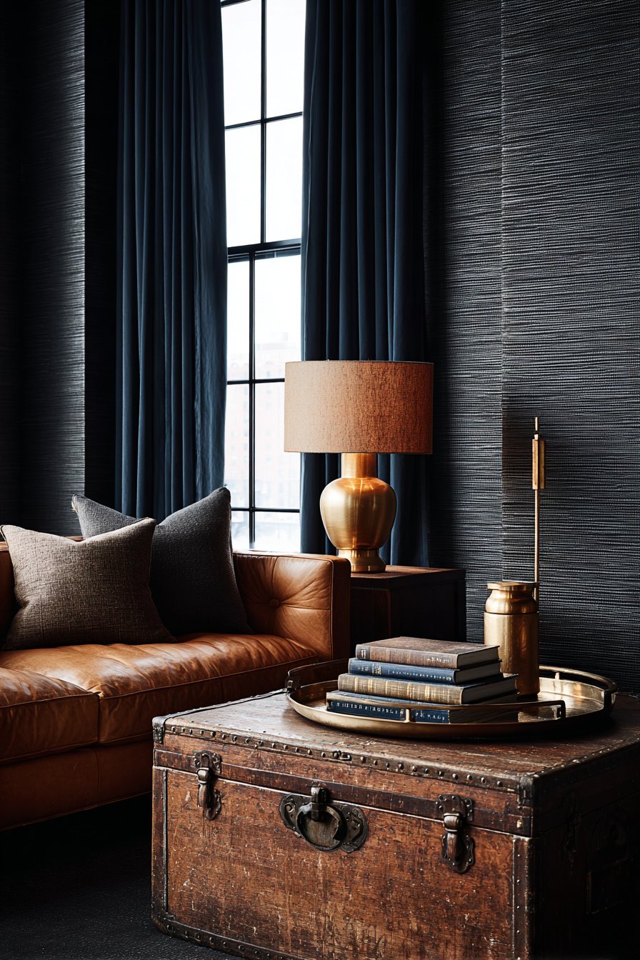 Charcoal grasscloth walls, caramel leather sofa, antique trunk coffee table and midnight blue velvet curtains