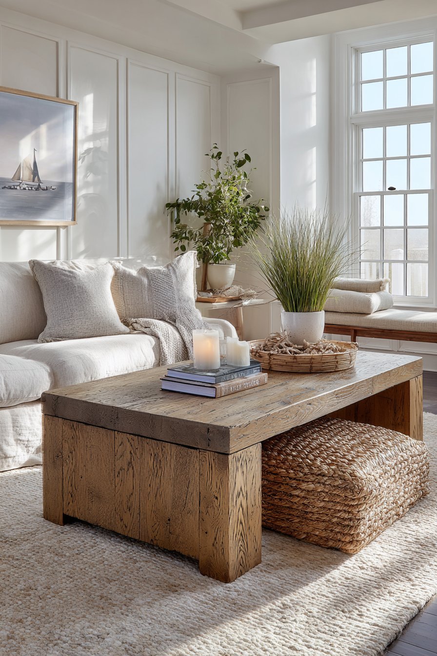 Modern farmhouse living room with warm white shiplap wall, linen slipcovered sofa and barn wood coffee table