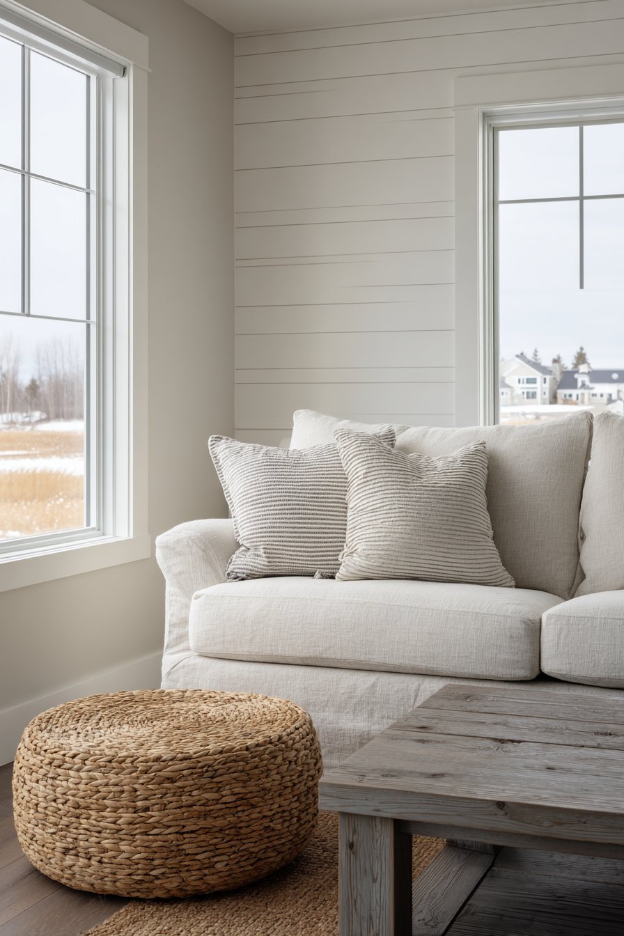 Modern farmhouse living room with warm white shiplap wall, linen slipcovered sofa and barn wood coffee table