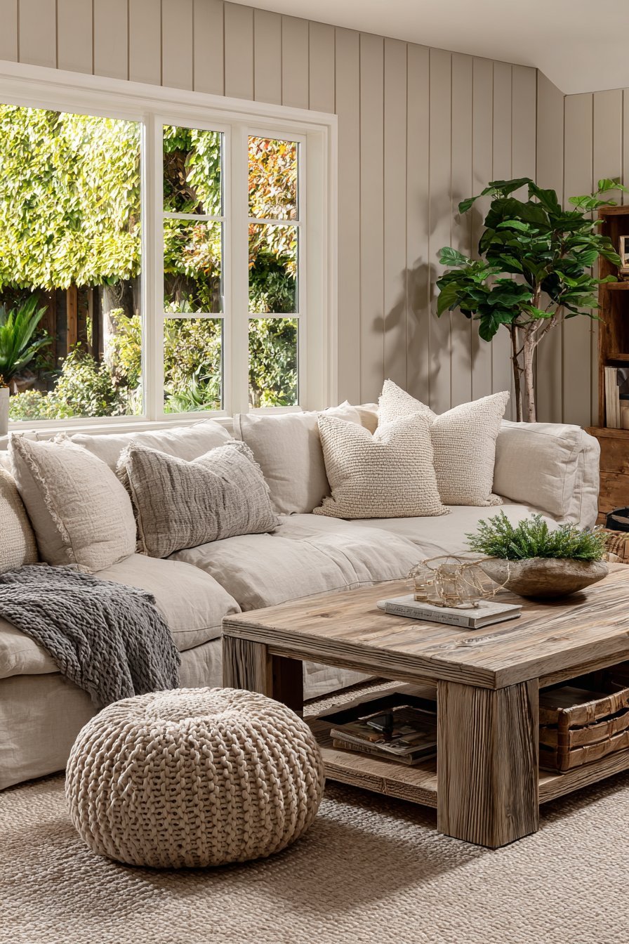 Modern farmhouse living room with warm white shiplap wall, linen slipcovered sofa and barn wood coffee table
