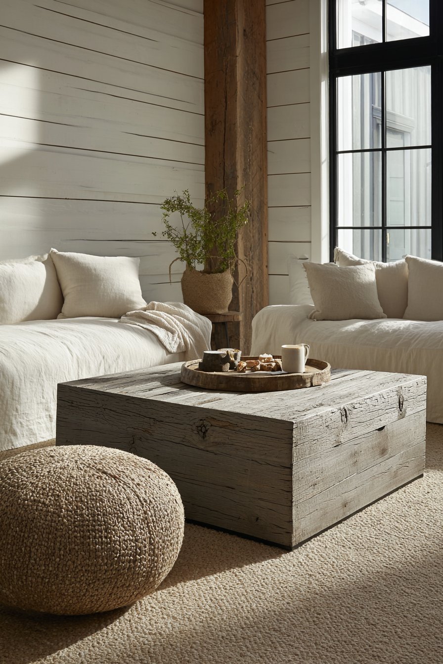 Modern farmhouse living room with warm white shiplap wall, linen slipcovered sofa and barn wood coffee table