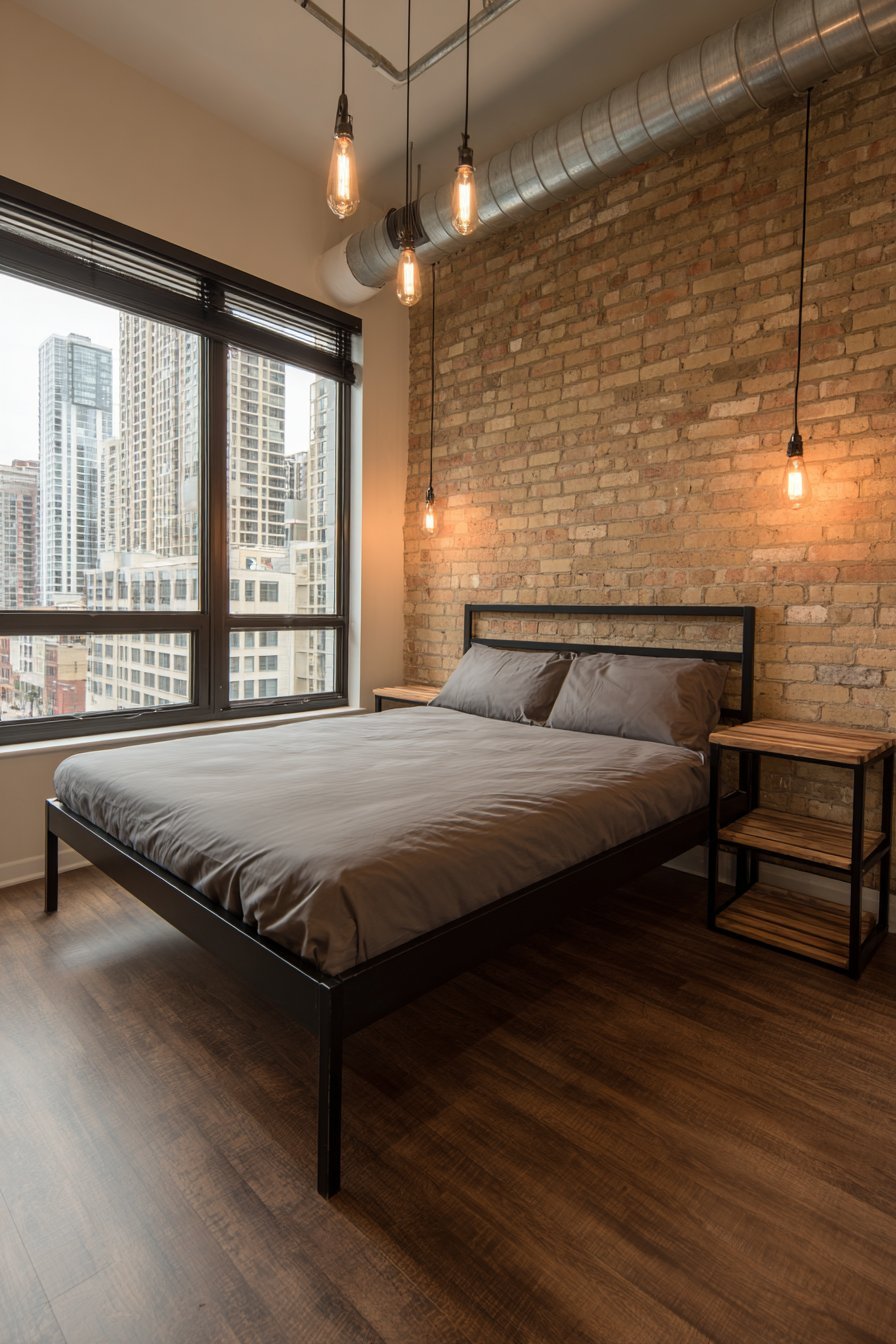 Industrial small bedroom with black metal bed, exposed brick wall and reclaimed wood ladder shelf