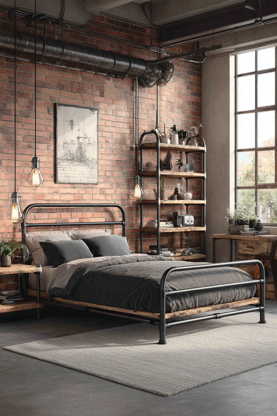 Industrial small bedroom with black metal bed, exposed brick wall and reclaimed wood ladder shelf
