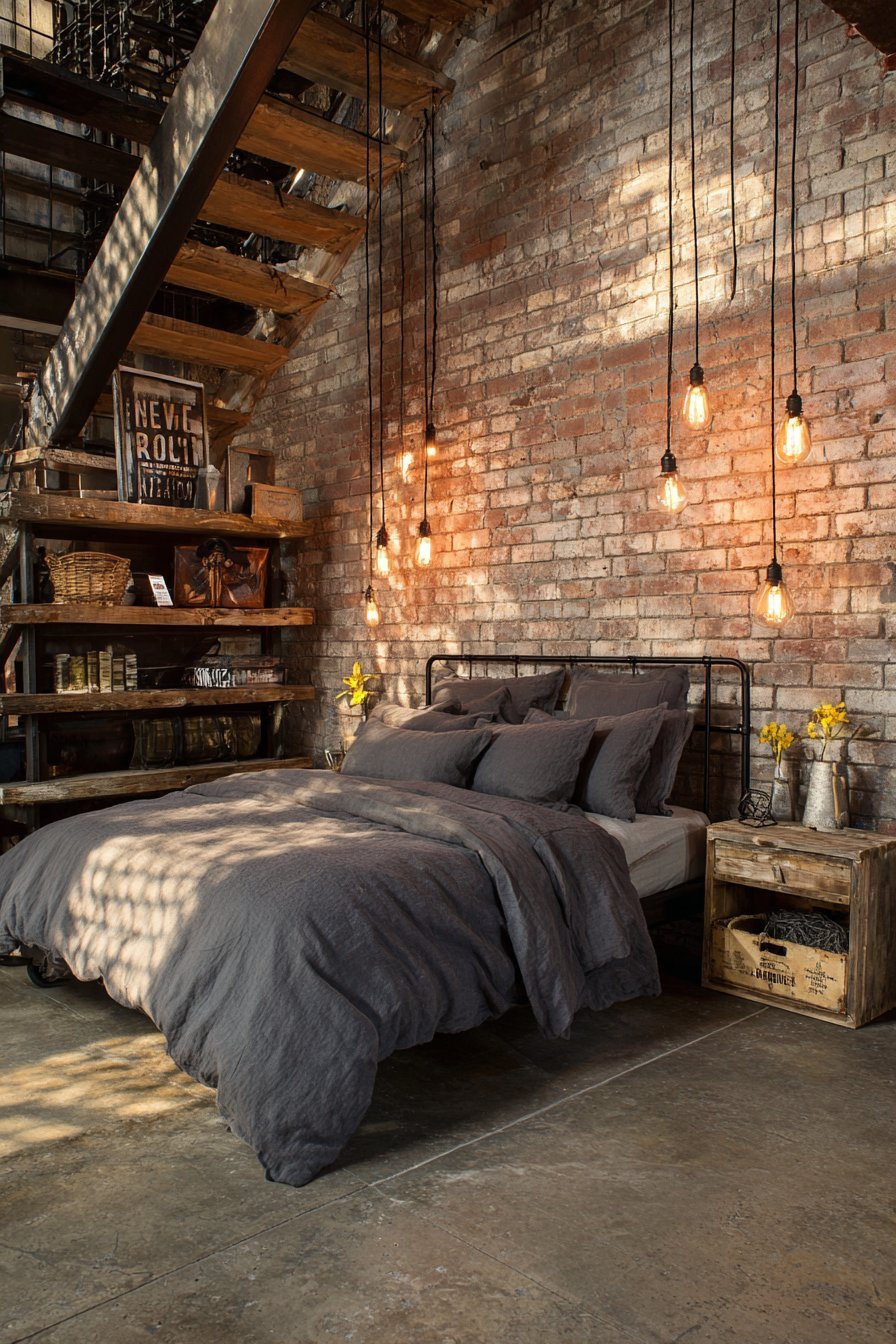 Industrial small bedroom with black metal bed, exposed brick wall and reclaimed wood ladder shelf