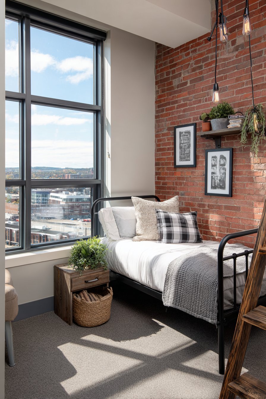 Industrial small bedroom with black metal bed, exposed brick wall and reclaimed wood ladder shelf