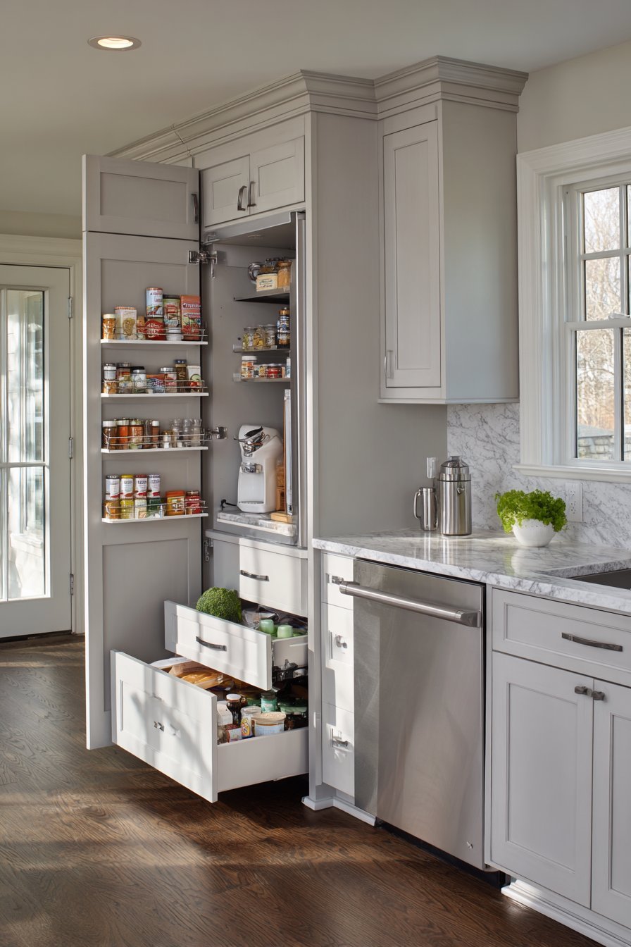 Floor-to-ceiling grey pantry cabinets flanking a compact refrigerator with white veined quartz counters