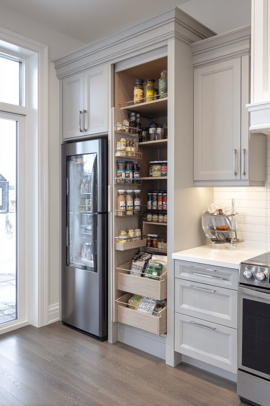 Floor-to-ceiling grey pantry cabinets flanking a compact refrigerator with white veined quartz counters