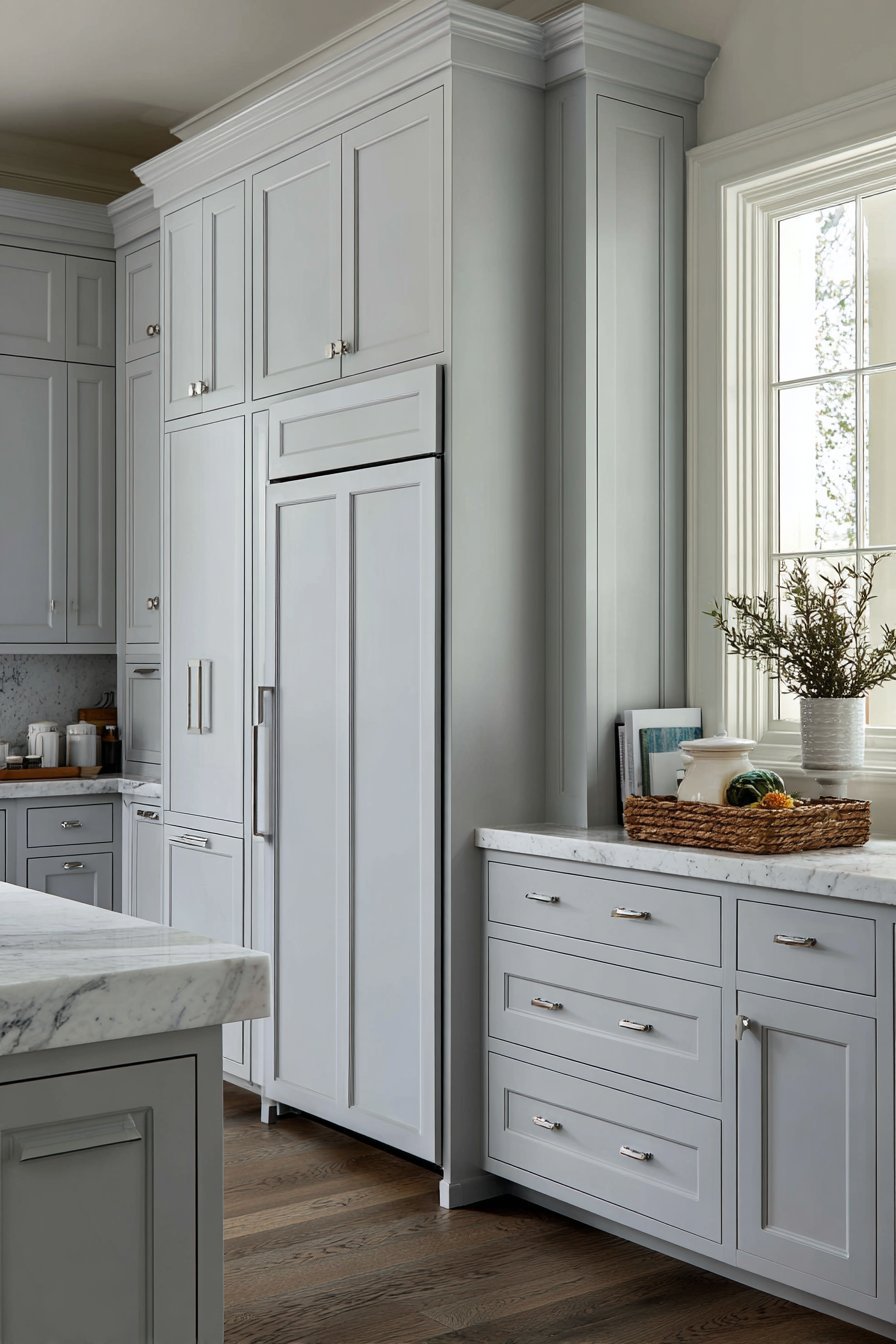 Floor-to-ceiling grey pantry cabinets flanking a compact refrigerator with white veined quartz counters