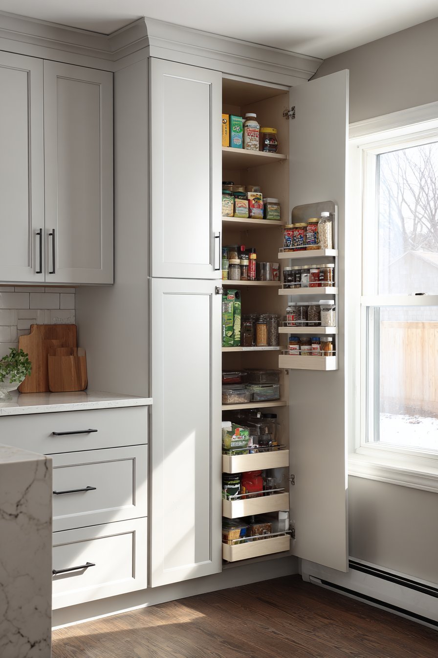 Floor-to-ceiling grey pantry cabinets flanking a compact refrigerator with white veined quartz counters